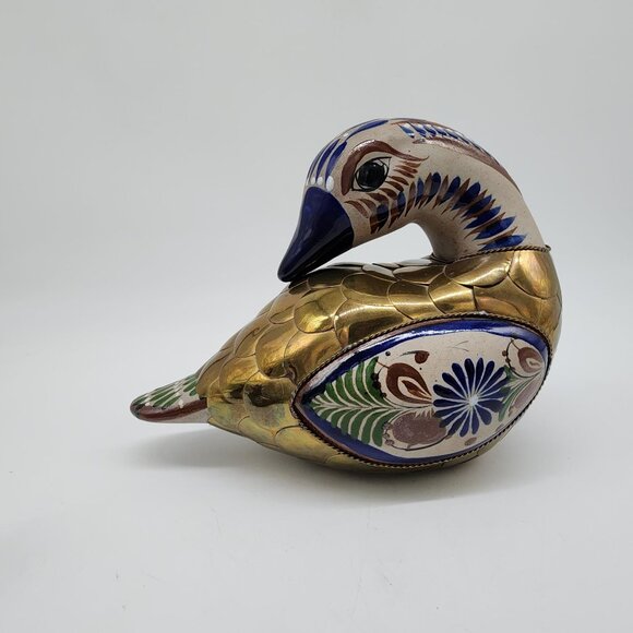 Mexican Tonala Pottery & Brass Duck Figurine Set Of 3 Gold & Blue Mom Ducklings - Picture 8 of 11